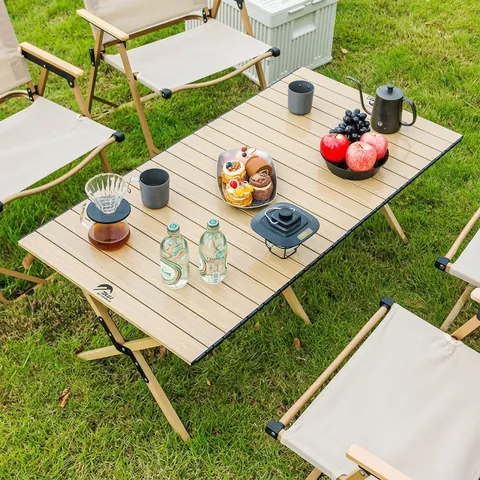 Portable Carbon Steel Folding Camping Table Set With Chairs Wood Grain Outdoor Picnic BBQ Stable Furniture
