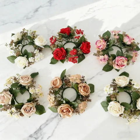 Artificial 3-Head Rose Wildflower Candle Ring Wreath Silk Plastic Valentine's Day Halloween Home Table Decor Floral Centerpiece