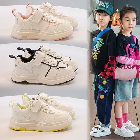 Kids Fashion Sneakers Breathable PU Leather White Board Shoes Casual Hook And Loop Non-Slip Rubber Sole Student Flat Shoes