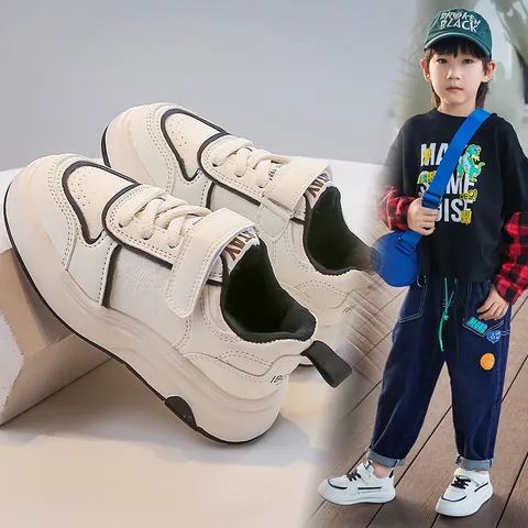 Kids Fashion Sneakers Breathable PU Leather White Board Shoes Casual Hook And Loop Non-Slip Rubber Sole Student Flat Shoes