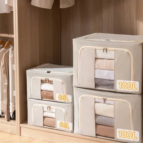 Oxford Cloth Foldable Storage Box With Steel Frame Transparent Window Closet Organizer For Clothes Quilt Bedding Home Storage