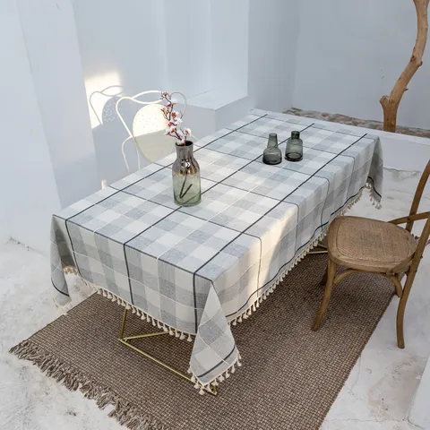 Nordic Dark Grey White Plaid Cotton Linen Tablecloth With Tassels Rectangular Wabi-sabi Checkered Desk Cover For Home Party Outdoor