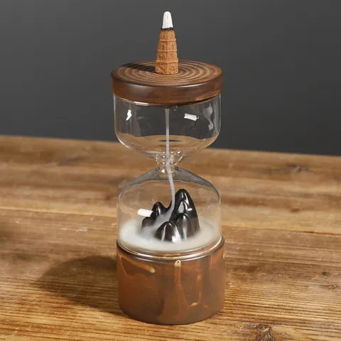 Zen Ceramic Backflow Incense Burner With Windproof Glass Cover Hourglass Mountain Waterfall Smoke Censer Home Office Decor