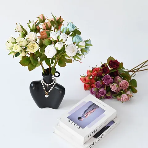 European Retro Oil Painting Style Artificial Silk Rose Flowers 8 Heads Burned Edge Fake Flower Home Table Decor Ornament
