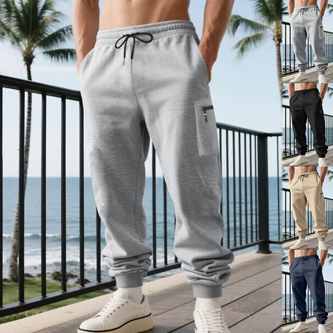 Men's Heavyweight Cargo Sweatpants Joggers With Zipper Pockets Casual Solid Drawstring Tapered Pants For Autumn Winter