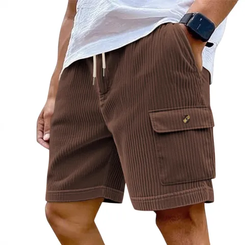 Men's Summer Casual Corduroy Cargo Shorts Solid Color Multi Pockets Drawstring Knee Length Sporty Loose Fit Shorts Bottom