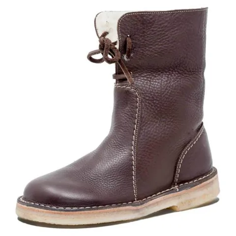 Women Round Toe Snow Boots Winter Warm Fleece Lined Casual Shoes Lace Up Flat Outdoor Short Boots Large Size PU Leather Rubber Sole