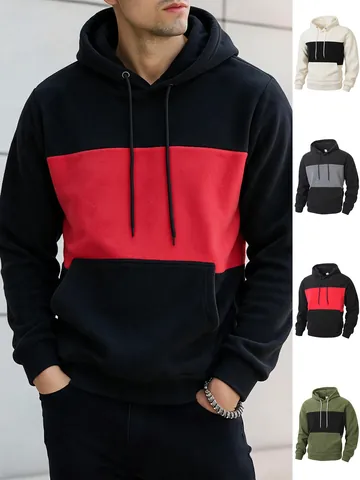 Men's Color Block Hooded Sweatshirt Fall Winter Outdoor Casual Long Sleeve Pullover Slim Fit Polar Fleece Sporty Hoodie Top