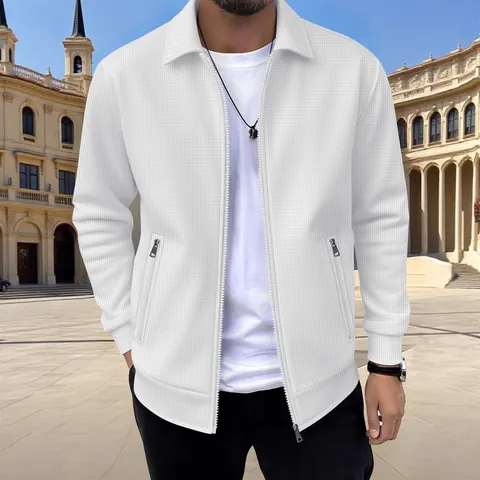 Men Casual Waffle Knit Zip Up Jacket Long Sleeve Lapel Outerwear Solid Color Loose Fashion Sweatshirt With Pockets