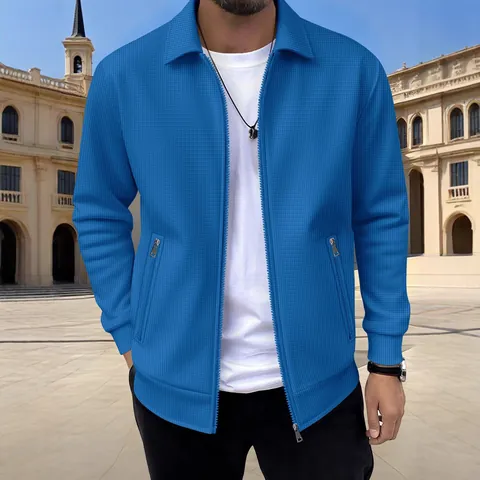 Men Casual Waffle Knit Zip Up Jacket Long Sleeve Lapel Outerwear Solid Color Loose Fashion Sweatshirt With Pockets