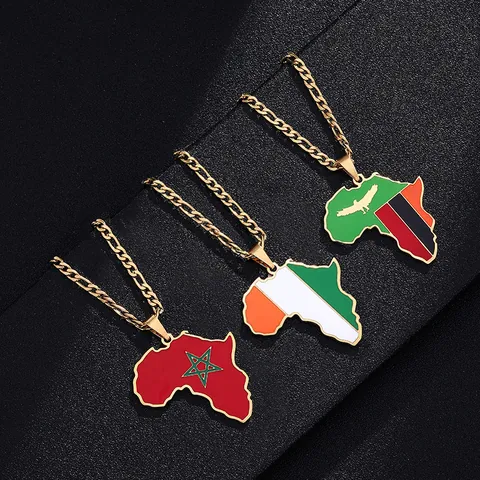 Collar Con Colgante de Mapa de África de Acero Inoxidable Hip Hop para Hombres y Mujeres Joyería Geográfica Esmaltada Chapada en Oro