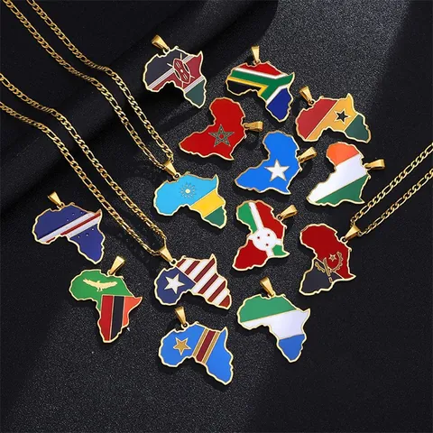 Collar Con Colgante de Mapa de África de Acero Inoxidable Hip Hop para Hombres y Mujeres Joyería Geográfica Esmaltada Chapada en Oro