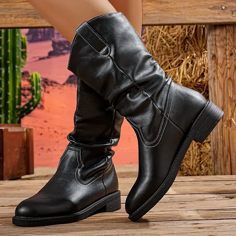 Women Western Slouchy Mid-Calf Boots V-Cut Pointed Toe Block Heel Pull-On Fashion Cowboy Boots For Autumn Winter Daily Wear