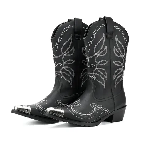Men Western Cowboy Boots Pointed Toe Metal Tip Embroidery Mid Calf Knight Boots Retro Punk Block Heel PU Leather Fashion Boots