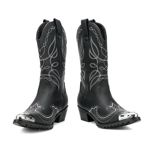 Men Western Cowboy Boots Pointed Toe Metal Tip Embroidery Mid Calf Knight Boots Retro Punk Block Heel PU Leather Fashion Boots