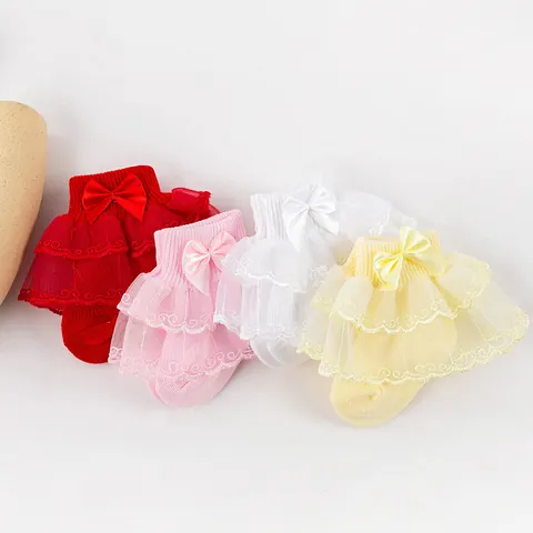 Baby Girls Princess Lace Bow Socks Breathable Soft Cotton Toddler Infant Double Ruffle Dress Socks For Party Wedding Gift