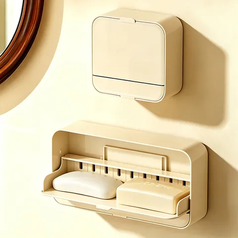 Wall Mounted Soap Dish With Lid Punch Free Drainage Soap Holder For Bathroom Shower Waterproof Soap Case Box Household