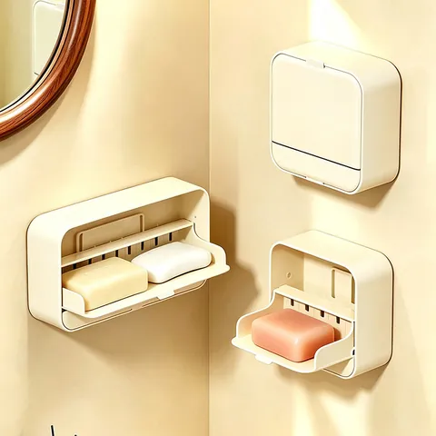 Wall Mounted Soap Dish With Lid Punch Free Drainage Soap Holder For Bathroom Shower Waterproof Soap Case Box Household