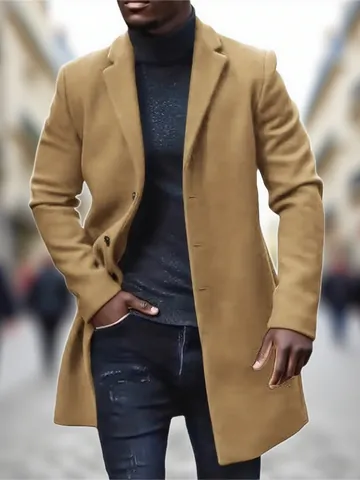 Men Mid-Length Woolen Overcoat Solid Color Warm Cotton Polyester Blend Winter Windbreaker European Style Casual Outerwear