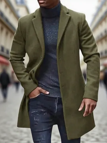 Men Mid-Length Woolen Overcoat Solid Color Warm Cotton Polyester Blend Winter Windbreaker European Style Casual Outerwear