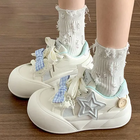 Children's Girls' Thick Sole Sneakers Casual Round Toe Platform Shoes With Star Bow Decor Creamy White Pink Blue Board Shoes