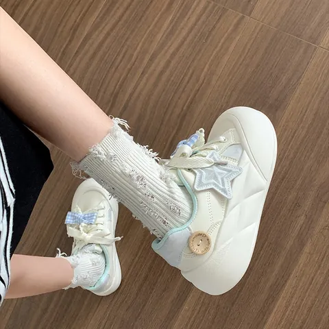 Children's Girls' Thick Sole Sneakers Casual Round Toe Platform Shoes With Star Bow Decor Creamy White Pink Blue Board Shoes
