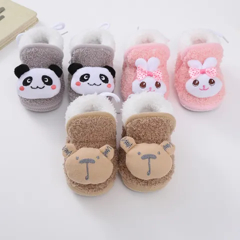 Newborn Baby First Walkers Winter Warm Fleece Lined Cartoon Animal Panda Bear Rabbit Infant Soft Sole Anti-Slip Shoes