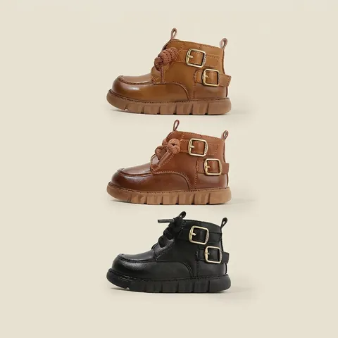 Bottines Martin en Cuir Microfibre Style Britannique pour Enfants Semelle Souple Antidérapante Fermeture Éclair Automne Hiver