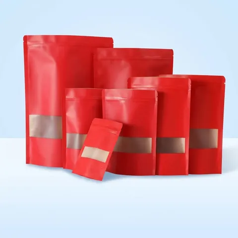 Verdickter Roter Kraftpapier Lebensmittelbeutel Mattiere Fenster Standbeutel Feuchtigkeitsbeständig Wiederverschließbarer Reißverschluss Beutel