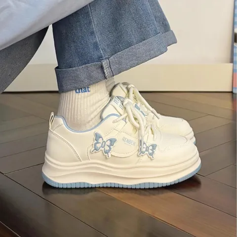 Girls Butterfly Platform White Shoes Breathable Synthetic Leather Casual Student Sneakers Kids Sweet Footwear Rubber Sole