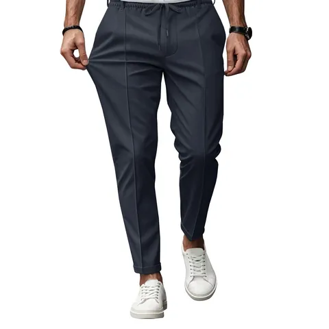 Men's Casual Drawstring Slim Fit Tapered Long Pants Solid Color American Style Business Chinos Autumn Winter Trousers