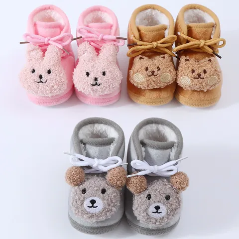 Baby Winter Warm Fleece Shoes 0-1 Year Old Infant Soft Sole Prewalker Shoes Cute 3D Cartoon Animal Rabbit Bear Indoor Floor Socks Shoes