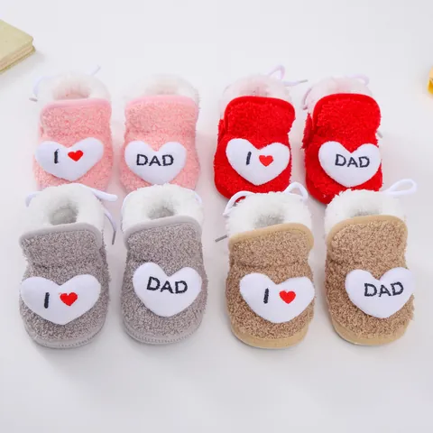 Infant Baby Winter Warm First Walker Shoes I Love Dad Heart Embroidery Fleece Lined Anti Slip Soft Sole Prewalker Booties