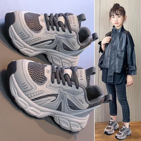 Girls Breathable Dad Shoes 2025 Autumn New Fashion Mesh Patchwork Thick Sole Non-slip Kids Sports Sneakers Casual Shoes