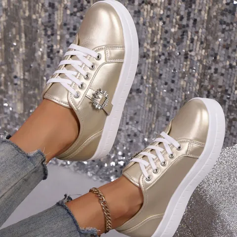 Women's Platform Sneakers Glossy Rhinestone Buckle Board Shoes Fashionable Casual Thick Sole Walking Footwear