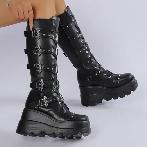 Women Punk Gothic Knee High Boots Wedge Platform Studded Rivet Buckle Black PU Leather Fashion Side Zip Winter Boot