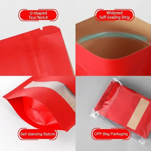 Verdickter Roter Kraftpapier Lebensmittelbeutel Mattiere Fenster Standbeutel Feuchtigkeitsbeständig Wiederverschließbarer Reißverschluss Beutel