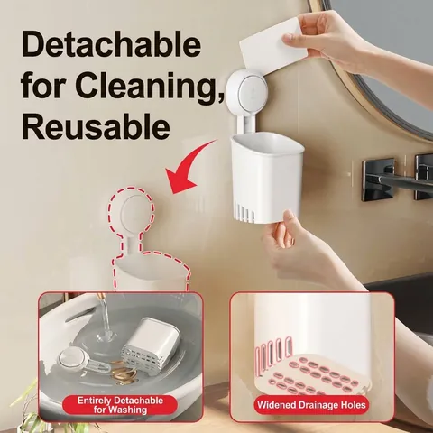 Wall Mounted Suction Cup Toothbrush Holder Punch Free Bathroom Storage Rack Plastic Water Drainage Organizer Toothpaste Shaver Cup For Toilet Bedroom Kitchen