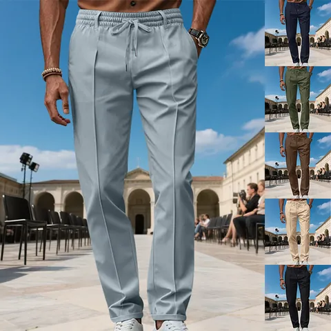 Men's Business Casual Chinos Slim Fit Solid Color Polyester Pants With Drawstring Elastic Waist Straight Leg Trousers
