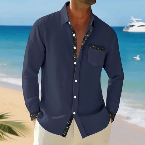 Men's Linen Blend Long Sleeve Shirt Old Money Style Hawaiian Casual Loose Fit Lapel Button Down Top For Vacation Beach