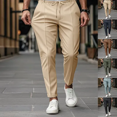 Men's Casual Drawstring Slim Fit Tapered Long Pants Solid Color American Style Business Chinos Autumn Winter Trousers