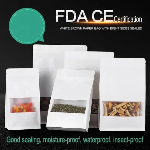 Matte Weiße Kraftpapier Standbeutel Mit Fenster 8 Seiten Siegel Druckverschluss Beutel Für Lebensmittel Snacks Kaffee Lagerung Taschen