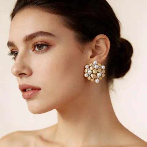 Pendientes de Botón Vintage de Lujo de Aleación de Zinc Con Perlas Artificiales y Strass Pendientes de Girasol Con Poste de Plata de Ley 925