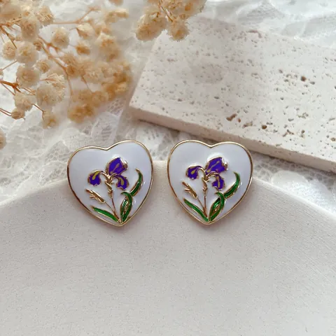 Pendientes de Botón Corazón Vintage Francés Flor de Iris Esmalte Con Poste de Plata de Ley 925 Estilo Corte Joyería Elegante para Mujer