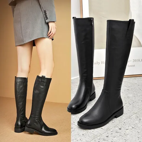 Women Knee High Knight Boots Fall New PU Leather Solid Color Slimming Tall Boots Side Zipper Square Low Heel Boots For Women Fashion