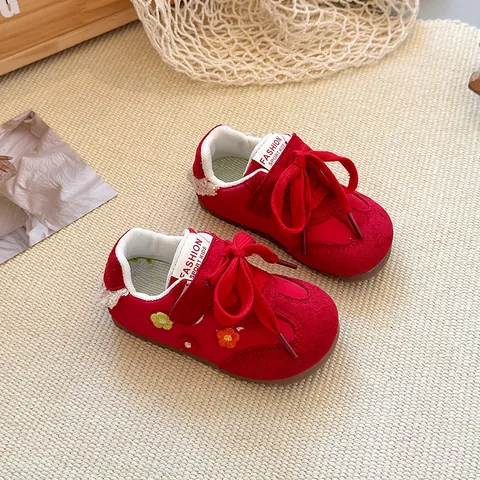 Girls Floral Embroidery Mesh Sports Shoes Baby Soft Sole Fashionable Lightweight Children Casual Sneakers Korean Style