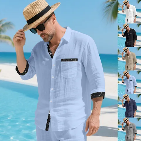 Men Casual Linen Patchwork Shirt Long Sleeve Lapel Button Down Breathable Top Beach Vacation Lightweight Loose Fashion Apparel