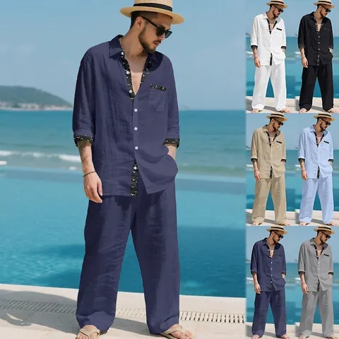 Heren Linnen Katoenmix Overhemd Met Lange Mouwen En Broek Top En Bottom Resort Stijl Old Money Ademend Strand Vakantie Casual Outfit