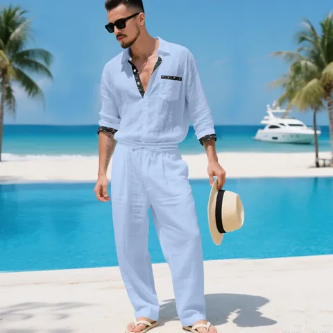 Heren Linnen Katoenmix Overhemd Met Lange Mouwen En Broek Top En Bottom Resort Stijl Old Money Ademend Strand Vakantie Casual Outfit
