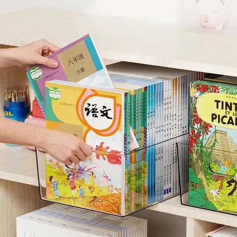 High Transparent PET Desktop Storage Box Clear Rectangular Book Organizer Stackable Bin With Integrated Handles For Student Dorm Office Home